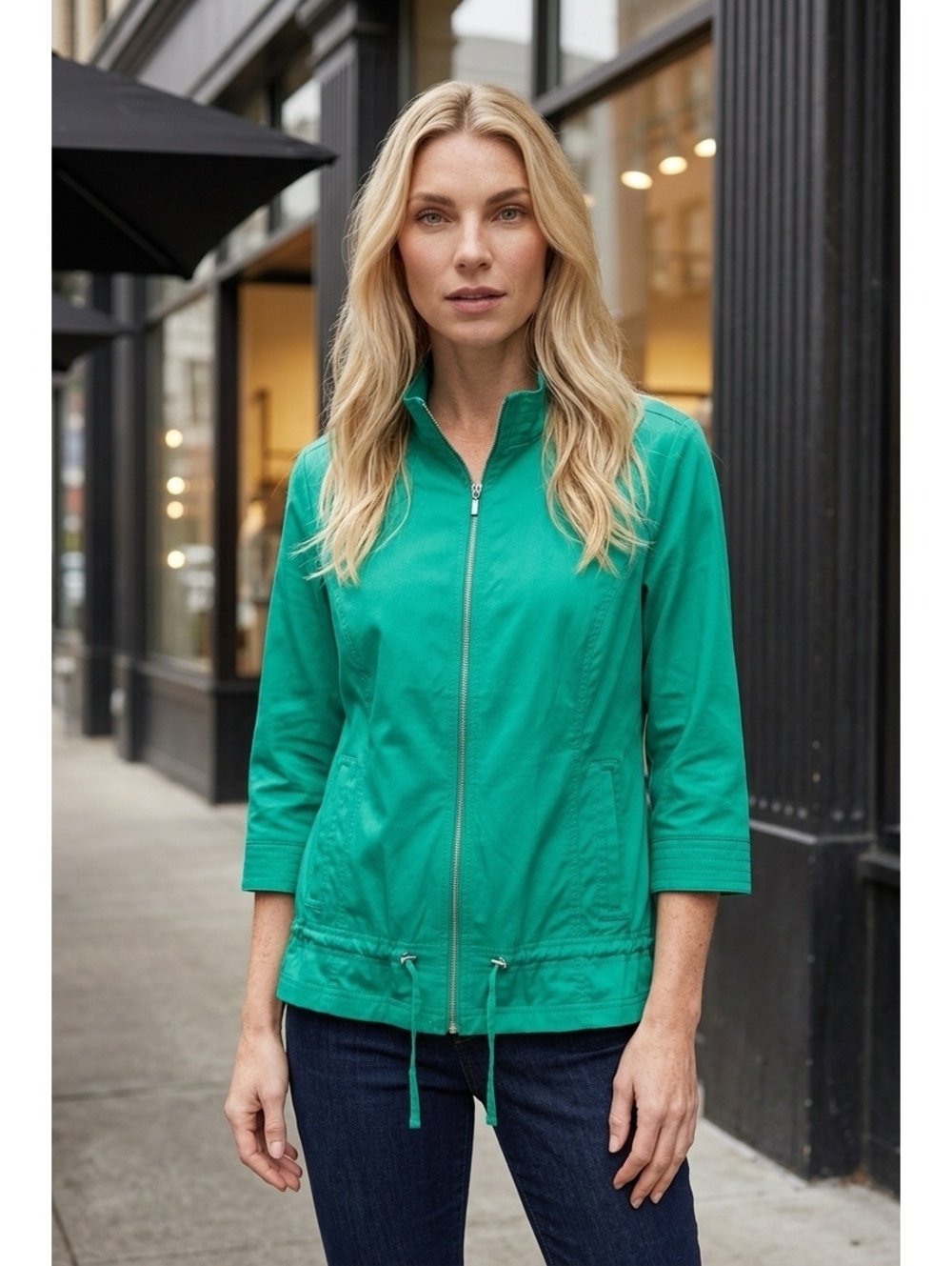 Zenergy by Chico's Women's Size 2 Green Lightweight Zip-Up Jacket with 3/4 Slee